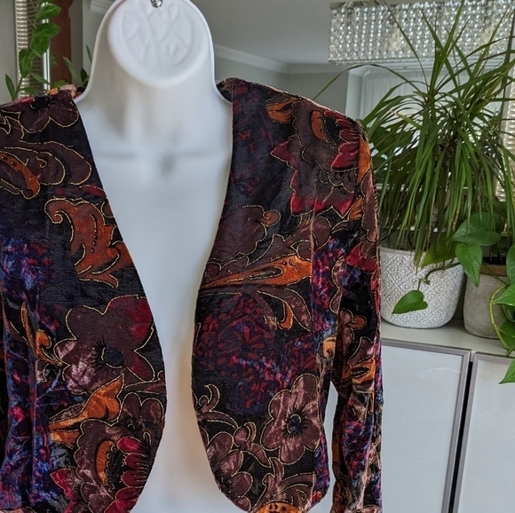 VINTAGE 80s Velour floral textured Cropped Jacket Black burgundy size Small @E - Picture 5 of 8